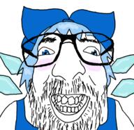 anime beard blue_eyes blue_hair blush cirno clothes glasses hair hair_ribbon smile soyjak touhou variant:israeli_soyjak video_game wing // 700x681 // 231.3KB