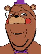 animatronic bear closed_mouth clothes five_nights_at_freddy's five_nights_at_freddy's_2 freddy_fazbear glasses hat smile soyjak stubble subvariant:wholesome_soyjak top_hat toy_freddy variant:gapejak video_game // 600x800 // 52.3KB