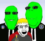 3soyjaks are_you_soying_what_im_soying award blond central_intelligence_agency clothes crazed federal_bureau_of_investigation glasses glowing glownigger green_skin hair looking_at_each_other looking_at_you medal nate necktie ominous open_mouth smile soot_colors soyjak_party stubble subvariant:wholesome_soyjak suit sunglasses teeth trend:glowie variant:feraljak variant:gapejak variant:markiplier_soyjak yellow_hair // 1200x1100 // 1.3MB