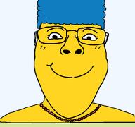 accessory blue_hair cartoon closed_mouth eyebrows female full_head glasses green_shirt looking_at_viewer looking_at_you marge marge_simpson necklace nose smile subvariant:bridget the_simpsons variant:gapejak woman yellow_skin // 1200x1125 // 25.6KB