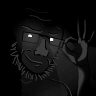 adjusting_glasses black_background dark five_nights_at_cobson's glasses glowing_eyes greyscale hand smug stubble variant:soyak white_pupils // 256x256 // 18.3KB