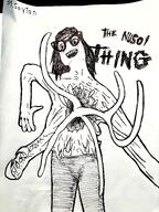 arm art beanie black_and_white body_horror claw clothes drawfag drawing fangs female glasses gore hair hand horror ink leg meta:soytober meta:soytober2025 open_mouth scary shirtless smile teeth tentacle text the_thing variant:soytan // 3000x4000 // 10.2MB