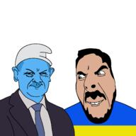 are_you_soying_what_im_soying balding blue_eyes blue_skin closed_mouth clothes country ear flag flag:ukraine germany hat mustache necktie olaf_scholz smurf ukraine variant:cobson volodymyr_zelenskyy // 1378x1378 // 111.2KB