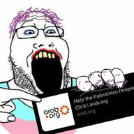 arab.org flag:transgender_pride_flag glasses hair hand holding_object lipstick open_mouth palestine pointing purple_hair soyjak stubble text tranny twitter variant:markiplier_soyjak2 // 688x688 // 63.5KB
