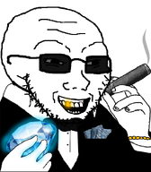 bald bowtie bracelet cigar clothes gem glasses glowing golden_tooth holding_cigar holding_gem holding_object laughing shiny smoke soyjak stubble suit sunglasses tuxedo variant:soyak