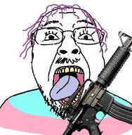 ar-15 beard black_glasses black_sclera eyebrows eyeglasses gape gaping_mouth glasses gun open_eyes open_mouth purple_hair purple_tongue tranny trans transgender_flag troon troonella variant:troonjak white_eyes white_skin yellow_teeth // 430x440 // 41.9KB