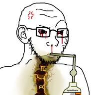 acid blood bloodshot_eyes bottle burned burnt cup drink drinking drinking_straw ear eyebrows glasses gore green_skin hole hydrofluoric_acid hydrogen neck red_eyes sip soyjak straw stubble text torso variant:soyak vein yellow_skin // 951x998 // 180.5KB