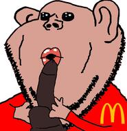 amerimutt arm bbc brown_skin clothes ear hand holding_penis lips mcdonalds mutt oh_my_god_she_is_so_attractive open_mouth penis red_shirt soyjak stubble subvariant:impish_amerimutt variant:impish_soyak_ears // 573x596 // 64.1KB