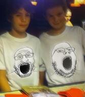 2soyjaks arm child clothes glasses irl no_eyebrows open_mouth soyjak soyteen stubble tshirt variant:gapejak variant:markiplier_soyjak // 448x516 // 65.4KB