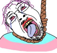 ack bloodshot_eyes crying dead flag glasses hair hanging lipstick mustache open_mouth purple_hair purple_tongue rope series:genre_defining soyjak stubble suicide template tongue tranny variant:bernd yellow_teeth // 768x719 // 52.9KB