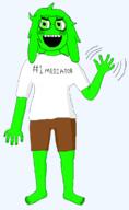 arm blush glasses green_hair green_skin hair hand mediator open_mouth shirt_with_words shorts variant:soytan wave waving white_shirt // 1352x2196 // 56.9KB
