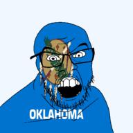 angry flag flag:oklahoma glasses hair looking_at_you mustache oklahoma open_mouth osage_war_shield soyjak state stubble teeth text transparent_background united_states variant:feraljak // 1500x1500 // 255.7KB