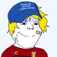 autism badge bandage cap clothes hat nate smile soyjak soyjak_party subvariant:shoyta sweating variant:gapejak yellow_hair // 256x256 // 34.6KB