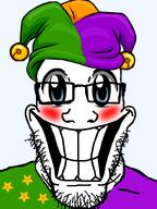 anime_eyes big_teeth blue_eyes blush glasses grin happy jester jester_hat stubble variant:markiplier_soyjak // 600x800 // 107.5KB