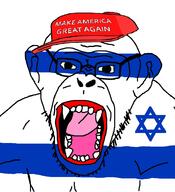 animal cap clothes country ear flag glasses hat israel maga monkey open_mouth soyjak star_of_david stubble variant:monkeyjak // 851x933 // 185.5KB