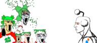 4chan anime antenna arm bloodshot_eyes closed_mouth clothes crying downvote full_body glasses green_hair hair hand hands_up multiple_soyjaks mustache nordic_chad open_mouth orange_eyes reddit side_profile soyjak stretched_mouth stubble subvariant:wewjak tshirt upvote variant:a24_slowburn_soyjak variant:cryboy_soyjak variant:soyak white_skin yotsoyba // 5000x2239 // 1.0MB