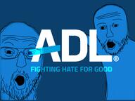 2soyjaks adl arm blue blue_skin glasses hand mustache open_mouth pointing soyjak stubble text variant:two_pointing_soyjaks // 1437x1077 // 431.1KB