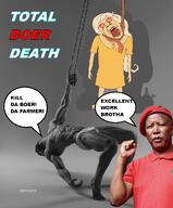 anti_ongezellig blonde_hair_ bloodshot_eyes boer coco_(ongezellig) communism crying economic_freedom_fighters gigachad hanging julius_malema lynching nas:gigachad ongezellig south_africa speech_bubble text variant:bernd yellow_skin // 844x1022 // 464.6KB