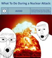 2soyjaks arm bomb explosion glasses hand irl_background looking_at_you meme mushroom_cloud nuclear open_mouth pointing soyjak stubble text variant:two_pointing_soyjaks warning // 1147x1280 // 1.9MB