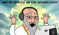 apple_(company) arm beard clothes computer glasses god grey_hair hand hands_up mustache open_mouth soyjak text the_elder_scrolls the_elder_scrolls_v:_skyrim variant:soyak video_game // 1802x1084 // 343.1KB