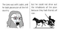 angry beard bloodshot_eyes chariot crying gigachad glasses god grey_hair hand horse open_mouth text variant:soyak // 2176x1156 // 602.2KB