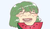 anime blush eating glasses green_hair gyate_gyate kasodani_kyouko large_nose open_mouth series:gyatejaks smile soyjak touhou tranny_artstyle variant:israeli_soyjak video_game watermelon // 800x473 // 17.5KB