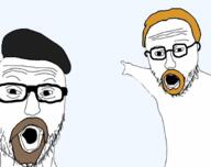 2soyjaks adam_savage barret beard brown_hair clothes ginger ginger_hair glasses hair hat jamie_hyneman meta:tagme mythbusters open_mouth soyjak stubble transparent_background variant:two_pointing_soyjaks wojakland wrinkles // 680x538 // 168.9KB