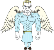 angel blond blue_eyes clothes full_body glasses hair hand leg looking_at_you muscles subvariant:muscular_chud variant:chudjak wing // 2142x1977 // 381.0KB
