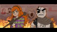 8chan 8moe angry anti_soyjak big_boss board-tans clothes crying eyepatch fire freckles gamergate ginger glasses green_eyes gun hair hoodie metal_gear open_mouth orange_hair stubble text v_(8chan) variant:gapejak variant:markiplier_soyjak variant:soyak variant:wojak vivian_james // 1920x1080 // 873.5KB