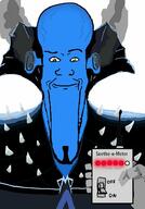 beard blue_skin closed_mouth clothes dreamworks ear fume green_eyes hand holding_object megamind seething soyjak stretched_chin subvariant:longplier variant:markiplier_soyjak // 640x918 // 86.7KB