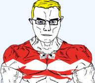 animal arm aryan blue_eyes british buff closed_mouth clothes ear england flag flag:leicestershire flower fox glasses hair leicestershire plant soyjak subvariant:chudjak_front subvariant:muscular_chud tshirt united_kingdom variant:chudjak vein yellow_hair // 1059x929 // 80.5KB