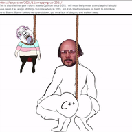 2015 2021 ack animated ass bjarne_stroustrup blood bloodshot_eyes broly_culo c++ convention ear glasses hanging izzy_muerte mustache neovagina oe_cake open_mouth programming purple_hair rope soyjak stubble tongue tranny variant:bernd yellow_teeth // 540x526 // 3.0MB