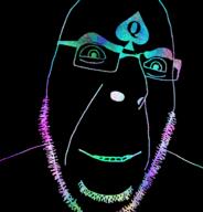 animated bbc glasses inverted open_mouth queen_of_spades smile soyjak stubble tattoo variant:cobson // 676x707 // 217.6KB