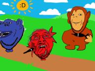 3soyjaks amerimutt animal balloon berryboy bloodshot_eyes bloons cherryboy closed_mouth cloud crying drawn_background ear glasses hair hill monkey mustache open_mouth purple_hair smile soyjak stubble subvariant:impish_amerimutt subvariant:wholesome_soyjak sun tongue variant:bernd variant:gapejak variant:impish_soyak_ears video_game // 1600x1200 // 344.4KB