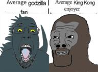 average_fan enjoyer gigachad glasses godzilla godzilla_vs_kong gorilla king_kong lizard monkey open_mouth soyjak stubble tongue variant:bernd // 640x471 // 76.1KB