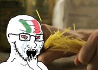 bloodshot_eyes country crying flag glasses hand irl_background italy open_mouth pasta soyjak stubble subvariant:crying_soyak_ears2 variant:soyak // 670x480 // 288.9KB