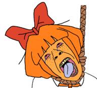 anti_ongezellig bloodshot_eyes bowtie hair hanging mymy ongezellig open_mouth orange_hair orange_skin rope soyjak suicide tongue variant:bernd yellow_teeth // 1165x1056 // 4.7MB
