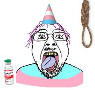 estrogen get glasses open_mouth purple_hair quads rope soyjak soyjak_party stubble tranny variant:bernd white_skin // 612x581 // 86.7KB