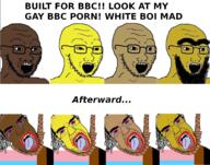 arab asian bbc beard bindi black_skin bloodshot_eyes brown_skin closed_mouth crying flag glasses hanging indian islam makeup multiple_soyjaks nazism open_mouth rope soyjak stubble subvariant:patrick suicide swastika text tongue tranny variant:chudjak variant:soyak yellow_skin // 1496x1180 // 957.6KB