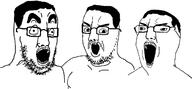 3soyjaks angry chud glasses hair open_mouth shocked soyjak stubble thick_eyebrows variant:chudjak variant:chudjak2 // 1210x558 // 137.7KB