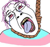 bloodshot_eyes clean_shaven crying dead flag glasses hair hanging open_mouth purple_hair rope soyjak suicide template tongue tranny variant:bernd yellow_teeth // 768x718 // 38.1KB