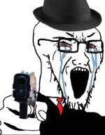 bloodshot_eyes clothes crying fedora firearm glasses gun hand hat holding_gun holding_object holding_pistol necktie open_mouth pointing soyjak stretched_mouth stubble suit variant:soyak weapon // 782x1002 // 453.4KB