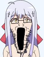 anime clothes cross female gabriel_dropout glasses hair open_mouth ornament purple_hair raphiel_shiraha_ainsworth soyjak stubble variant:markiplier_soyjak // 912x1170 // 351.0KB