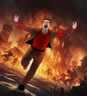 armband clothes drawing explosion full_body glasses hair red_shirt running shading shadow smile subvariant:chudjak_front thick_eyebrows traced variant:chudjak video_game // 973x1080 // 2.0MB