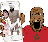 dark_skin flag flag:morocco glasses looking_at_you moor moorish open_mouth phone showing_phone stubble subvariant:phoneplier subvariant:phoneplier_vertical variant:markiplier_soyjak yellowed_teeth // 2160x1884 // 1.5MB