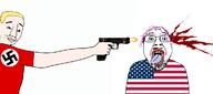 2soyjaks amerimutt arm blood blue_eyes eagle fascism flag flag:united_states glasses gun hand italy nazism open_mouth purple_hair shooting smile stubble tranny united_states variant:bernd variant:chudjak white_skin yellow_hair // 1166x515 // 131.5KB