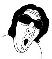 black_and_white black_glasses clothes detailed eyebrows ilker irl_soy long_hair mouth_open soyjak tshirt // 659x744 // 21.3KB