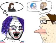 acne boymoder choker crazed fat glasses hair kurumi_nanase makeup menhera_chan neckbeard nordic_chad open_mouth side_profile soyjak stubble subvariant:crazed_troonjak subvariant:soyak_(crazed) thought_bubble tranny variant:soyak // 1419x1080 // 1.3MB