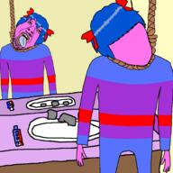 4chan ack bathroom bloodshot_eyes blue_hair bow bowtie bury_pink_gril clothes crying dead full_body glasses hair mirror mist mustache noose open_mouth pink pink_skin rope s4s_(4chan) sink soyjak stubble suicide text tongue toothpaste tranny variant:bernd yellow_teeth // 999x999 // 234.0KB