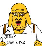 clothes dog donald_trump ear faggot glasses hand holding_object janny open_mouth overalls red_lips soyjak stubble text variant:trumpjak yellow_skin // 474x521 // 40.9KB